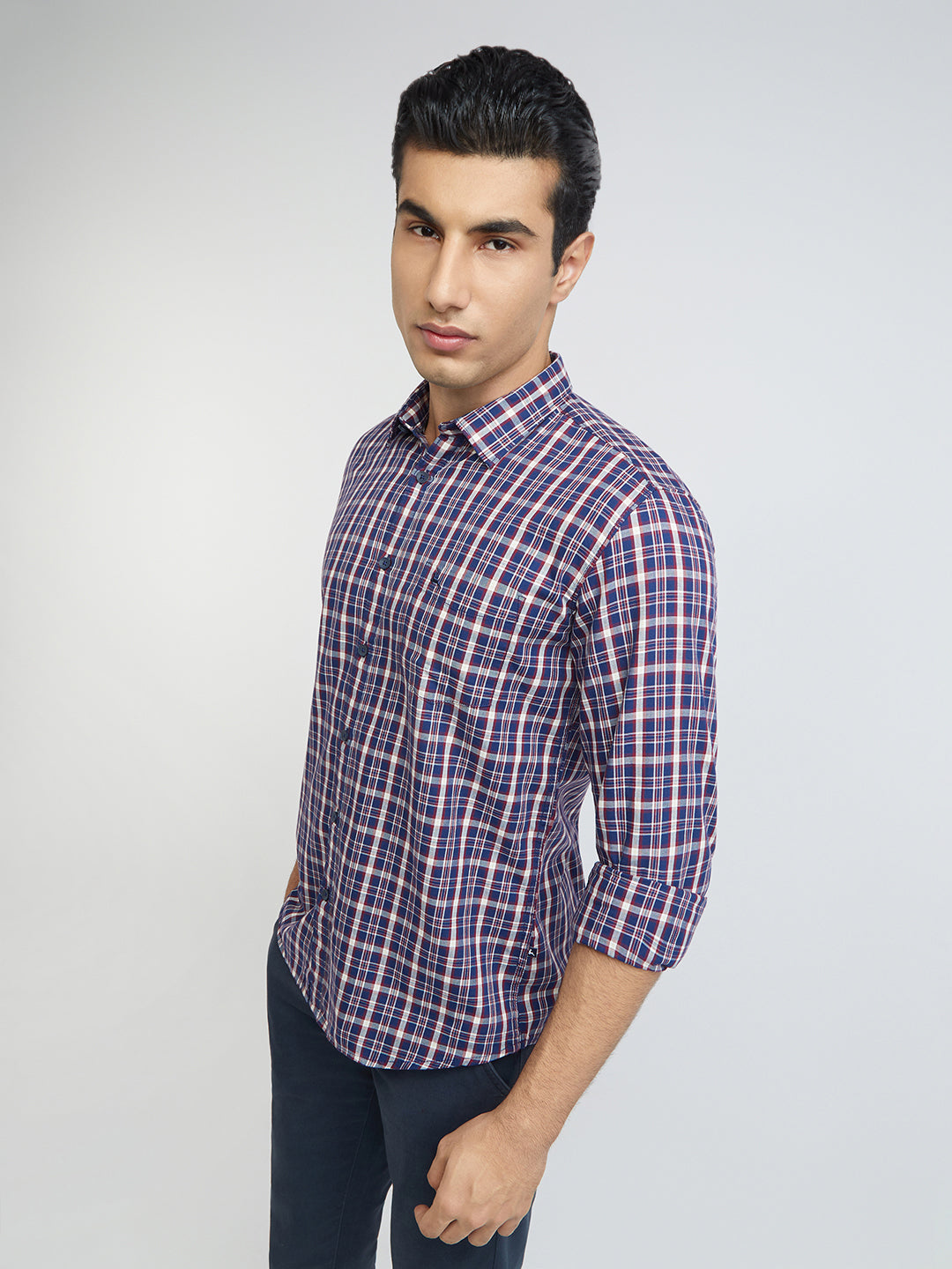 Men Blue Slim Fit Checks Cotton Full Sleeve Shirts