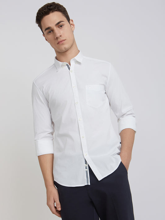 Men White Slim Fit Solid Cotton Blend Full Sleeve Shirts