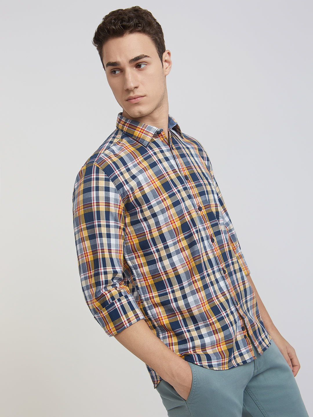 Men Yellow Slim Fit Checks Cotton Full Sleeve Shirts