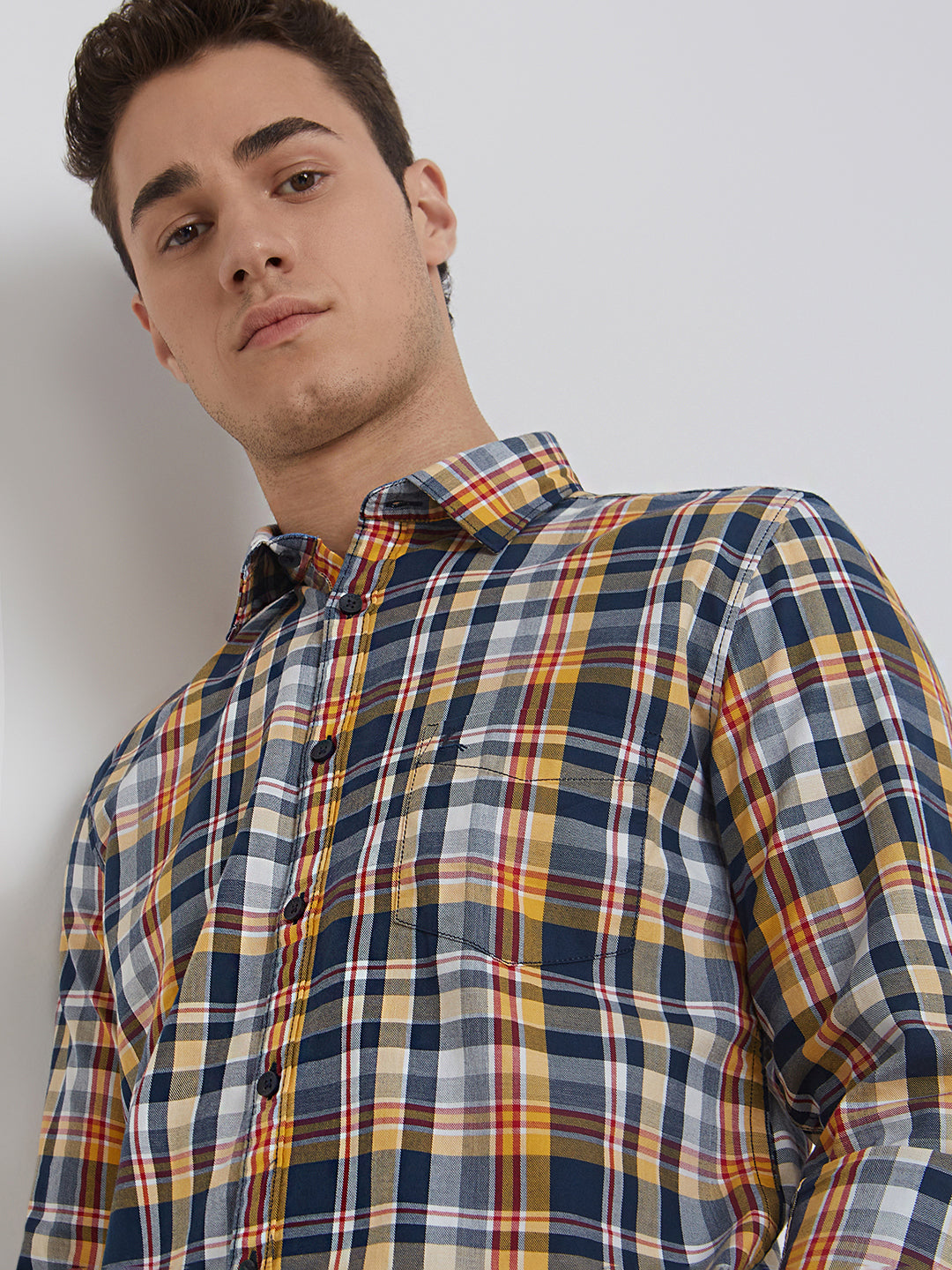 Men Yellow Slim Fit Checks Cotton Full Sleeve Shirts