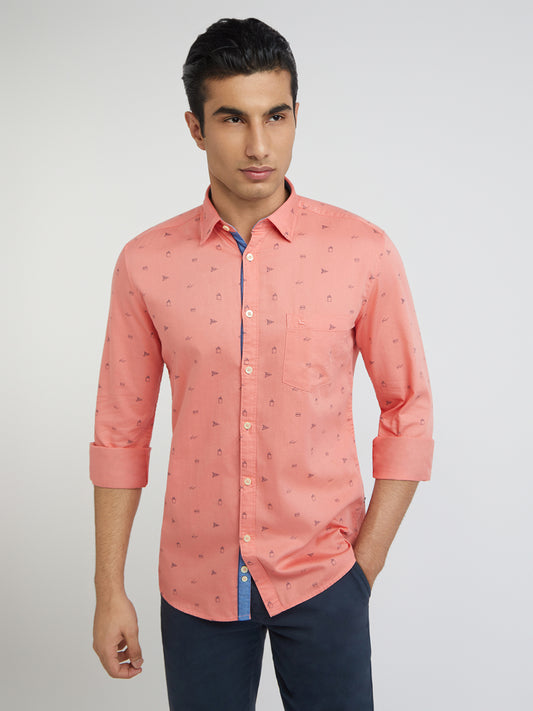 Men Orange Slim Fit Print Cotton Full Sleeve Shirts