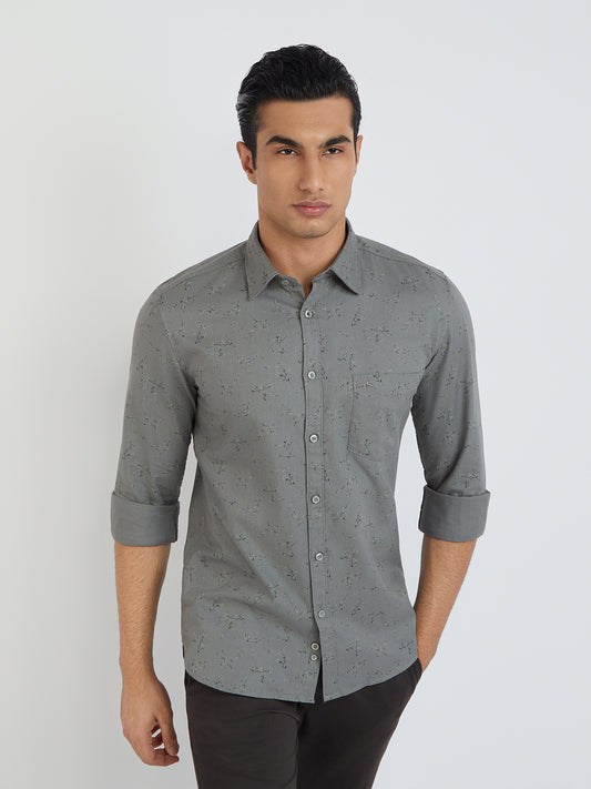 Men Grey Slim Fit Print Cotton Full Sleeve Shirts