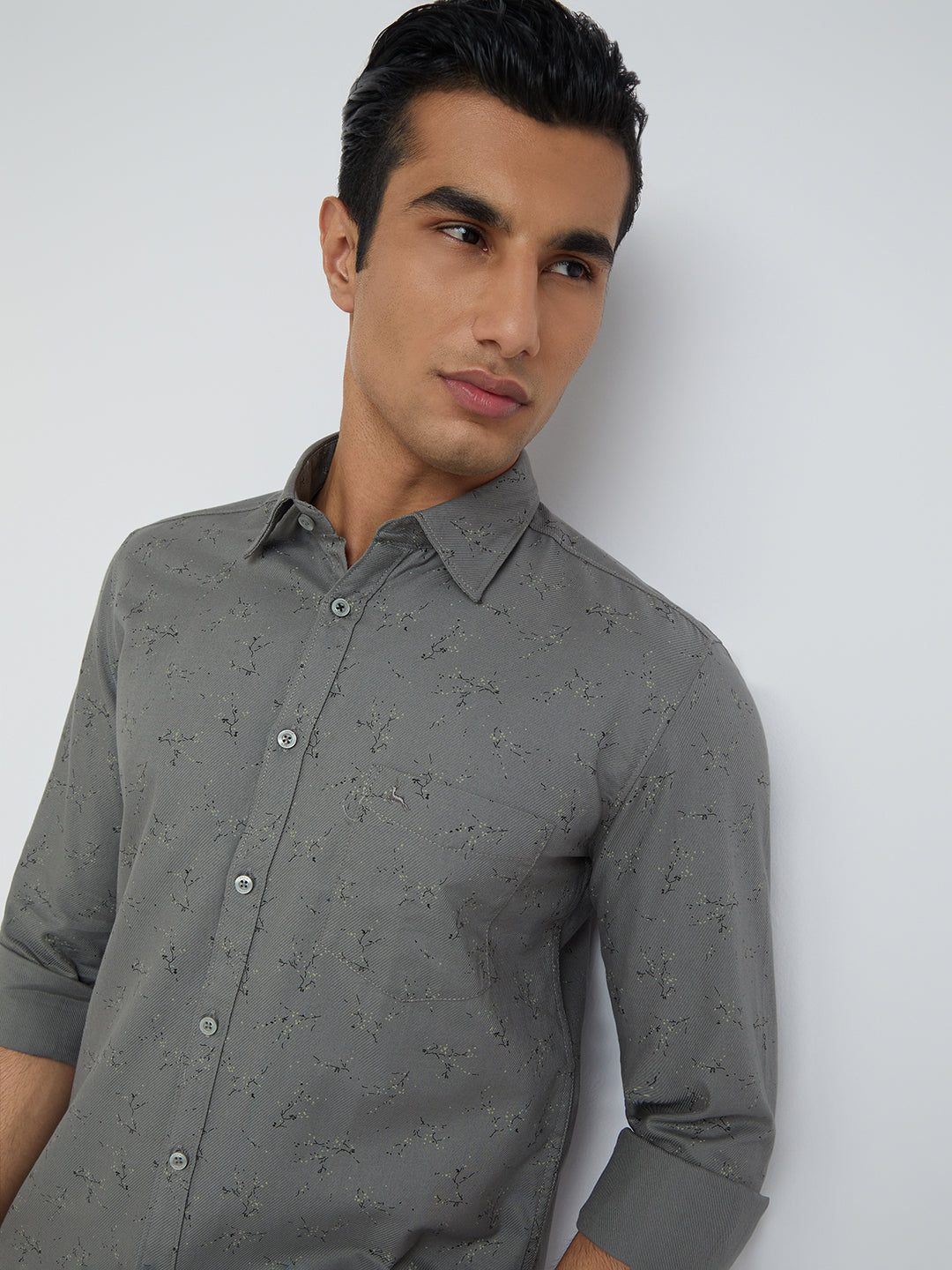 Men Grey Slim Fit Print Cotton Full Sleeve Shirts