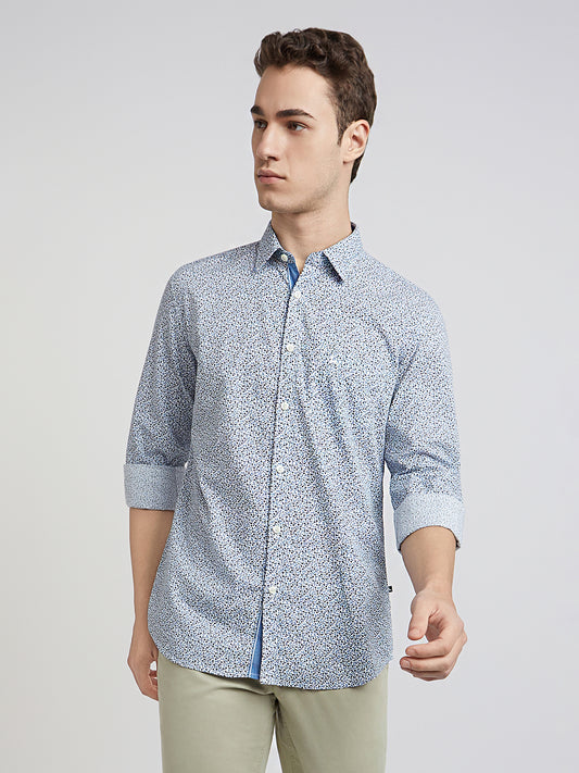 Men Blue Slim Fit Print Cotton Full Sleeve Shirts