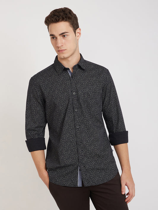 Men Black Slim Fit Print Cotton Full Sleeve Shirts