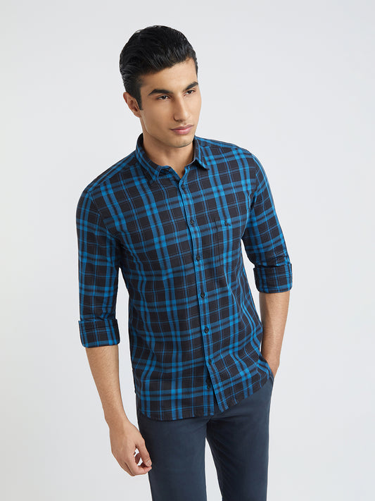 Men Blue Slim Fit Checks Cotton Full Sleeve Shirts