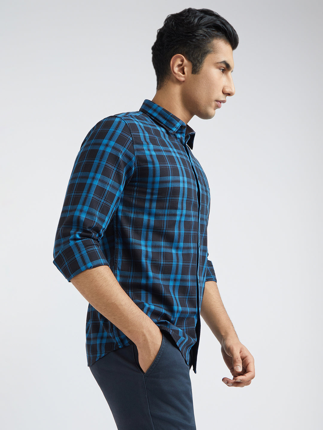 Men Blue Slim Fit Checks Cotton Full Sleeve Shirts