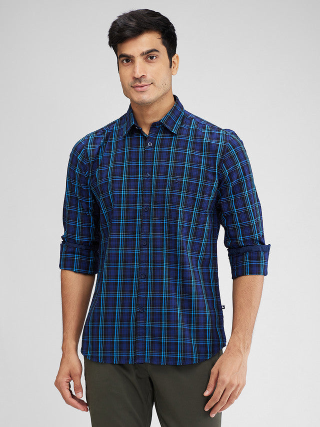 Parx Blue Checks Slim Fit Cotton Casual Shirt