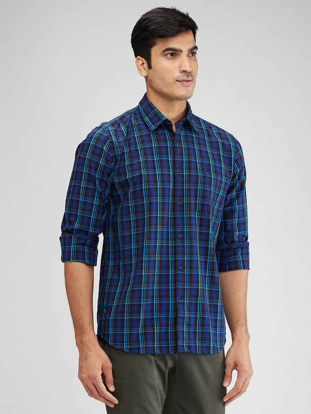 Parx Blue Checks Slim Fit Cotton Casual Shirt