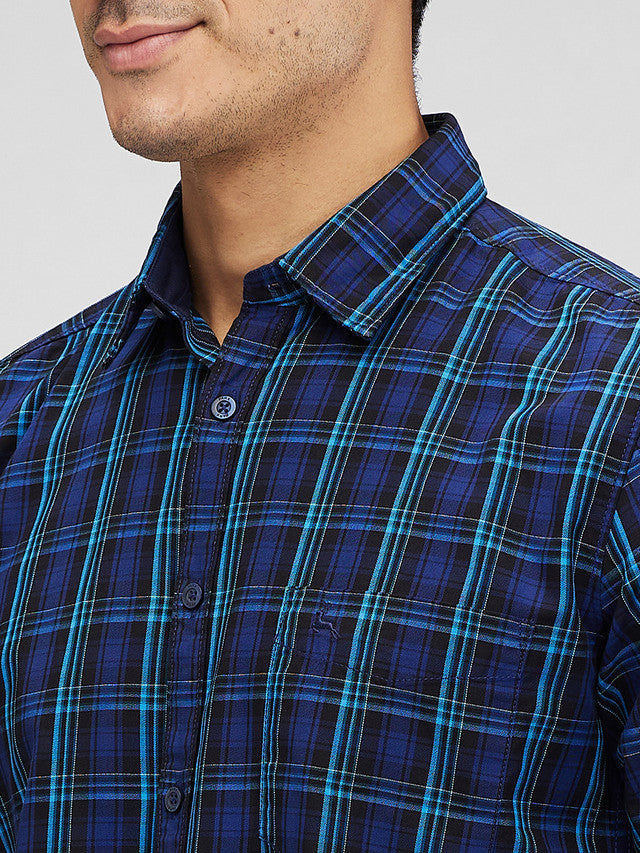 Parx Blue Checks Slim Fit Cotton Casual Shirt