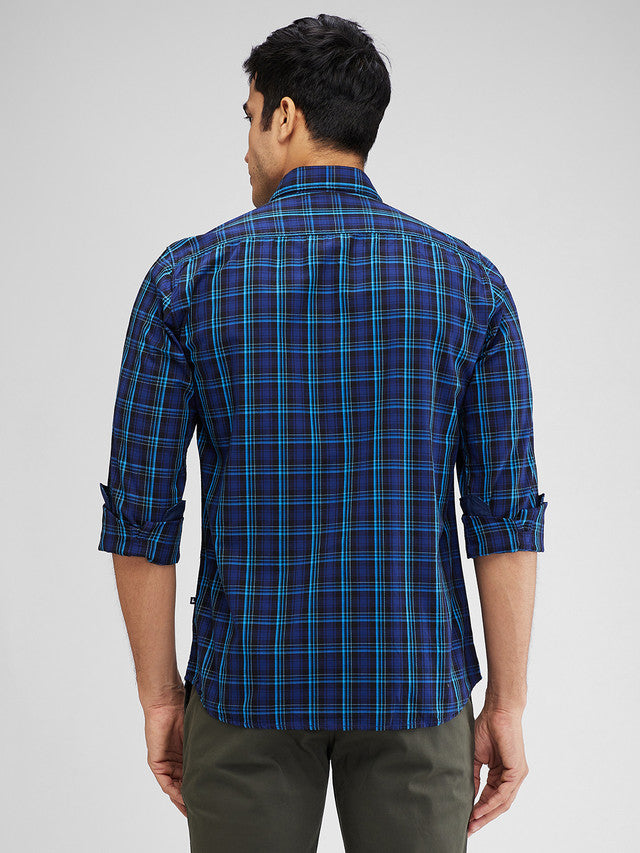 Parx Blue Checks Slim Fit Cotton Casual Shirt