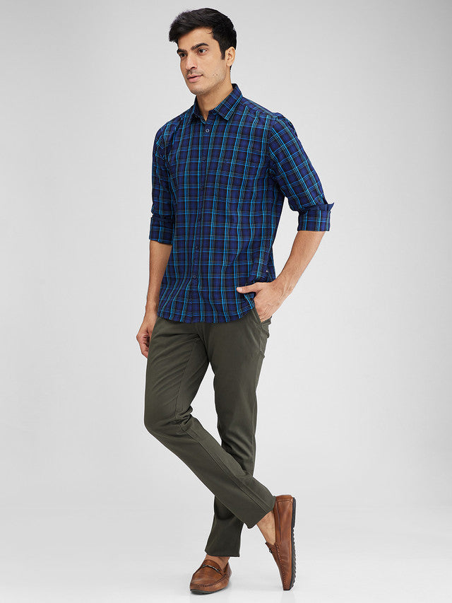 Parx Blue Checks Slim Fit Cotton Casual Shirt