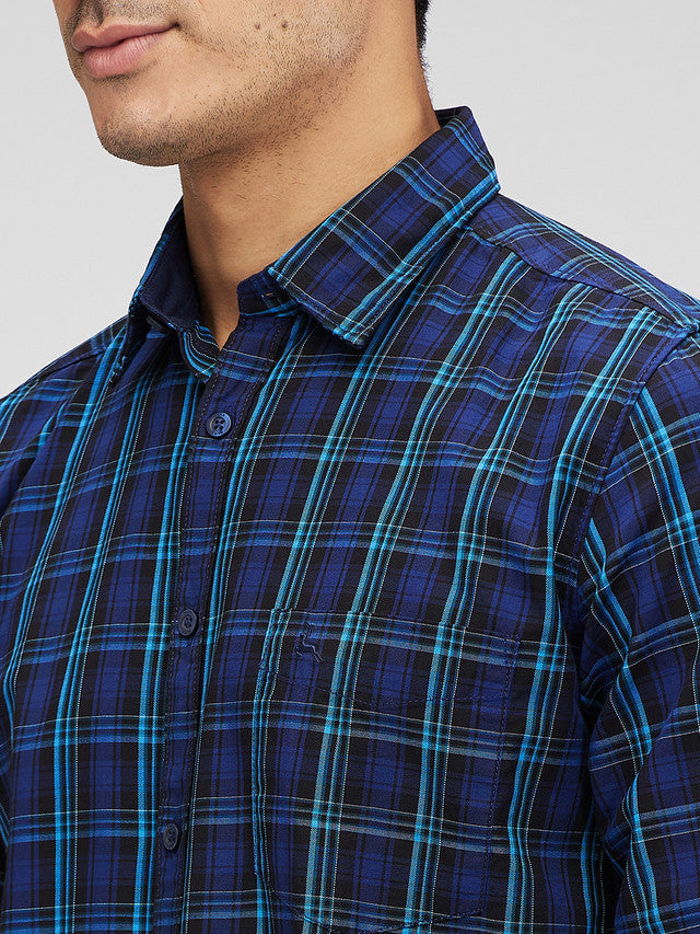 Parx Blue Checks Slim Fit Cotton Casual Shirt