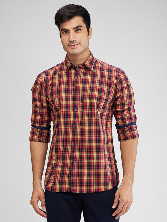 Parx Red Checks Slim Fit Cotton Casual Shirt