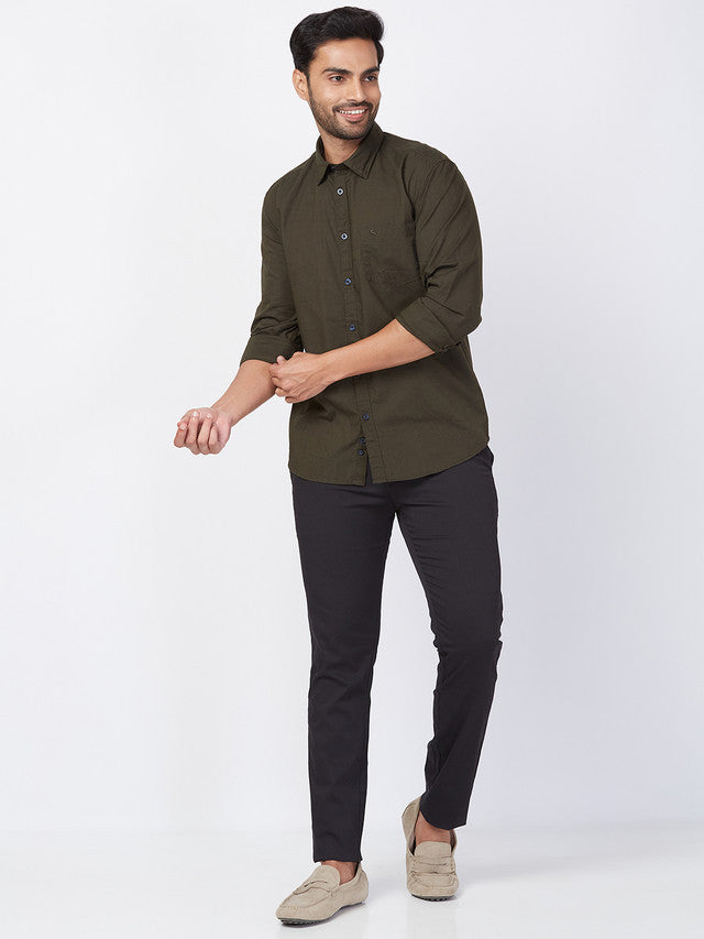 Parx Green Solid Slim Fit Cotton Casual Shirt