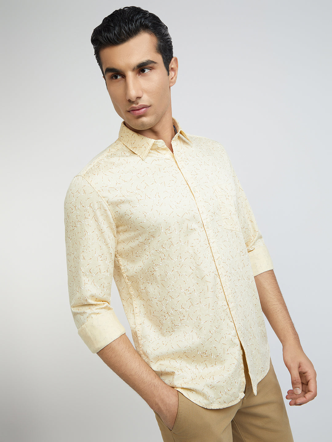 Men Yellow Slim Fit Print Cotton Blend Full Sleeve Shirts