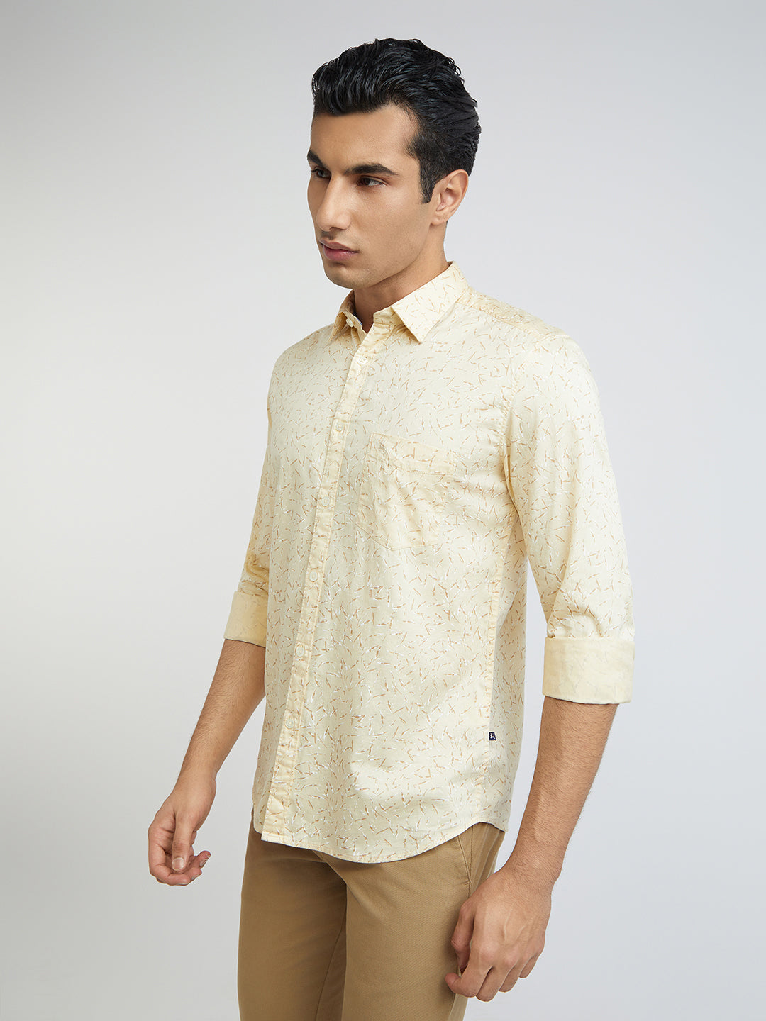 Men Yellow Slim Fit Print Cotton Blend Full Sleeve Shirts