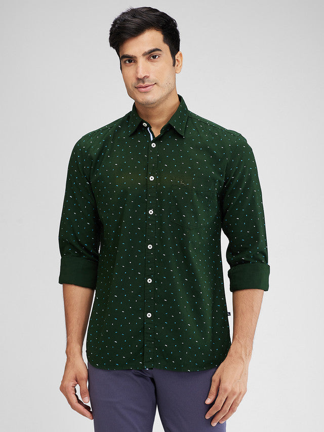 Parx Green Printed Slim Fit Cotton Casual Shirt