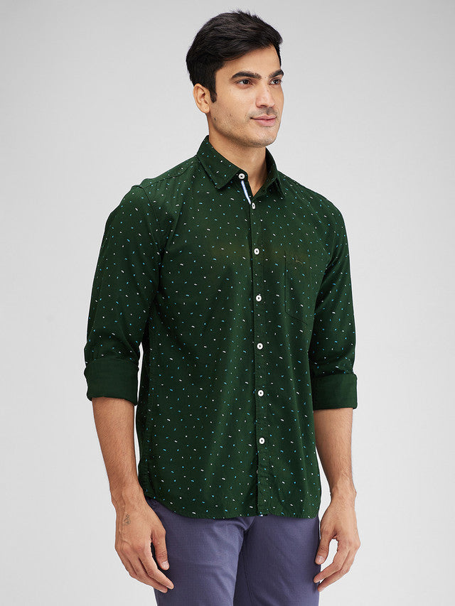 Parx Green Printed Slim Fit Cotton Casual Shirt