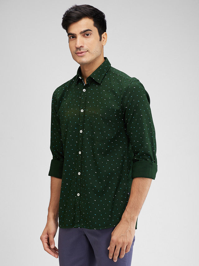 Parx Green Printed Slim Fit Cotton Casual Shirt