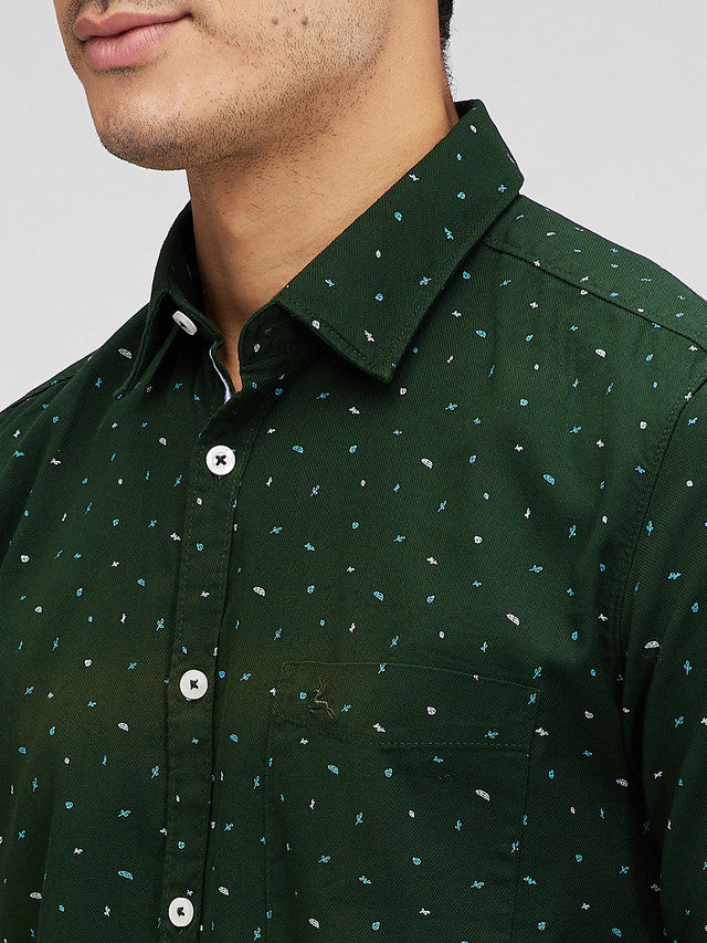 Parx Green Printed Slim Fit Cotton Casual Shirt