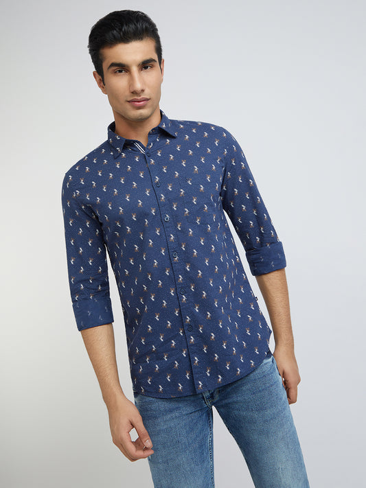 Parx Men Blue Print Slim Fit Cotton Full Sleeve Shirts