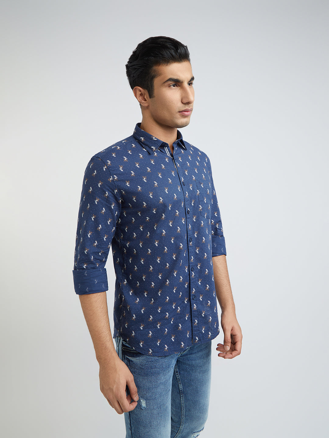 Parx Men Blue Print Slim Fit Cotton Full Sleeve Shirts