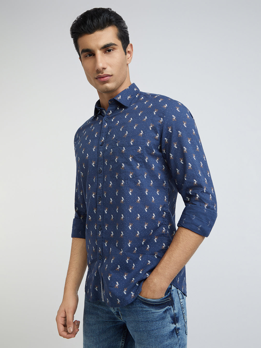 Parx Men Blue Print Slim Fit Cotton Full Sleeve Shirts