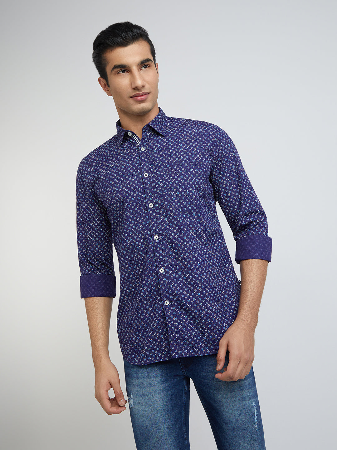 Parx Men Blue Print Slim Fit Cotton Full Sleeve Shirts