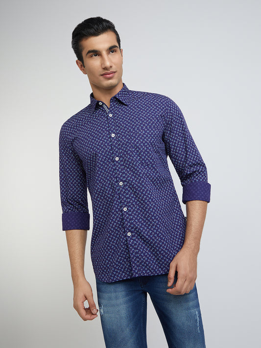 Parx Men Blue Print Slim Fit Cotton Full Sleeve Shirts