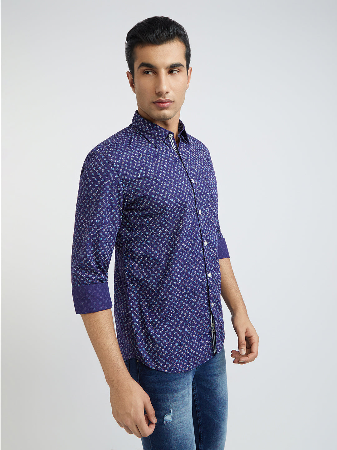 Parx Men Blue Print Slim Fit Cotton Full Sleeve Shirts