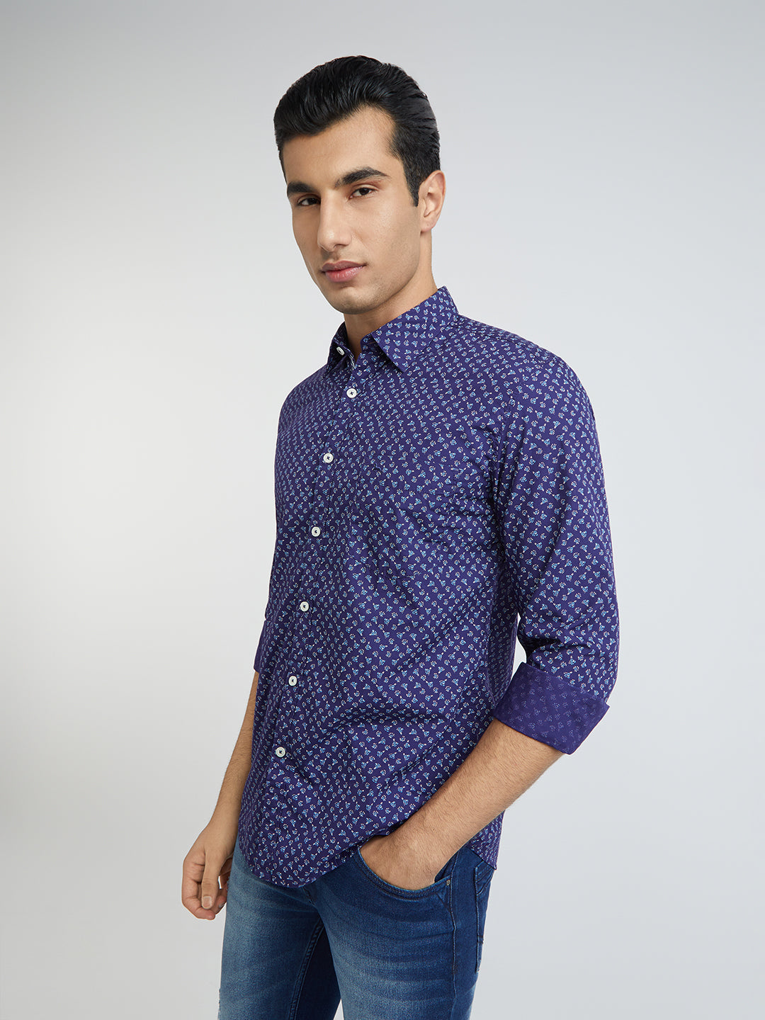 Parx Men Blue Print Slim Fit Cotton Full Sleeve Shirts