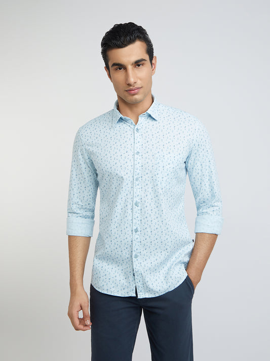 Parx Men Blue Print Slim Fit Cotton Full Sleeve Shirts