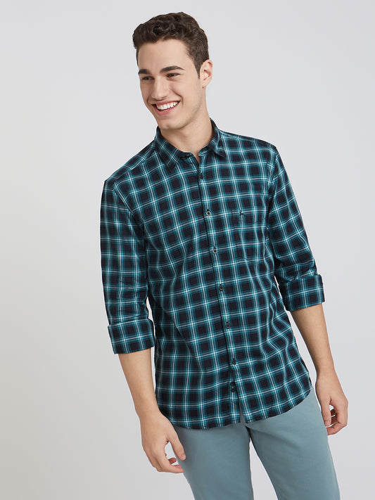 Parx Men Green Checks Slim Fit Cotton Casual Shirt