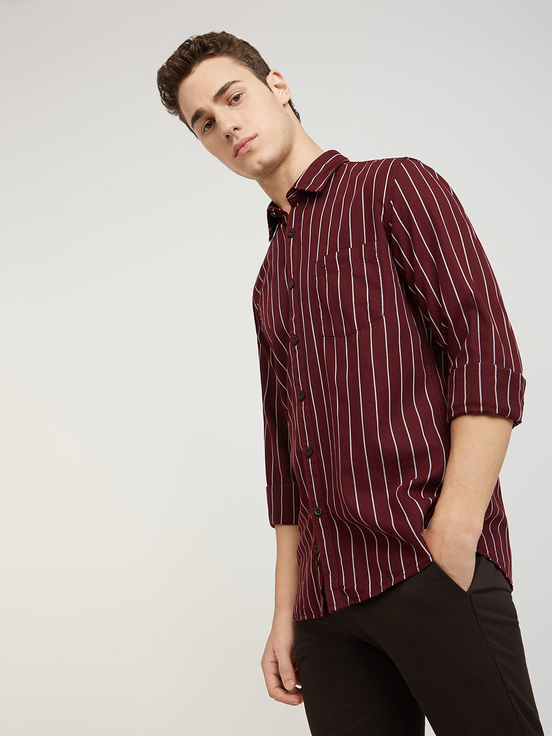 Men Red Slim Fit Stripe Cotton Full Sleeve Shirts