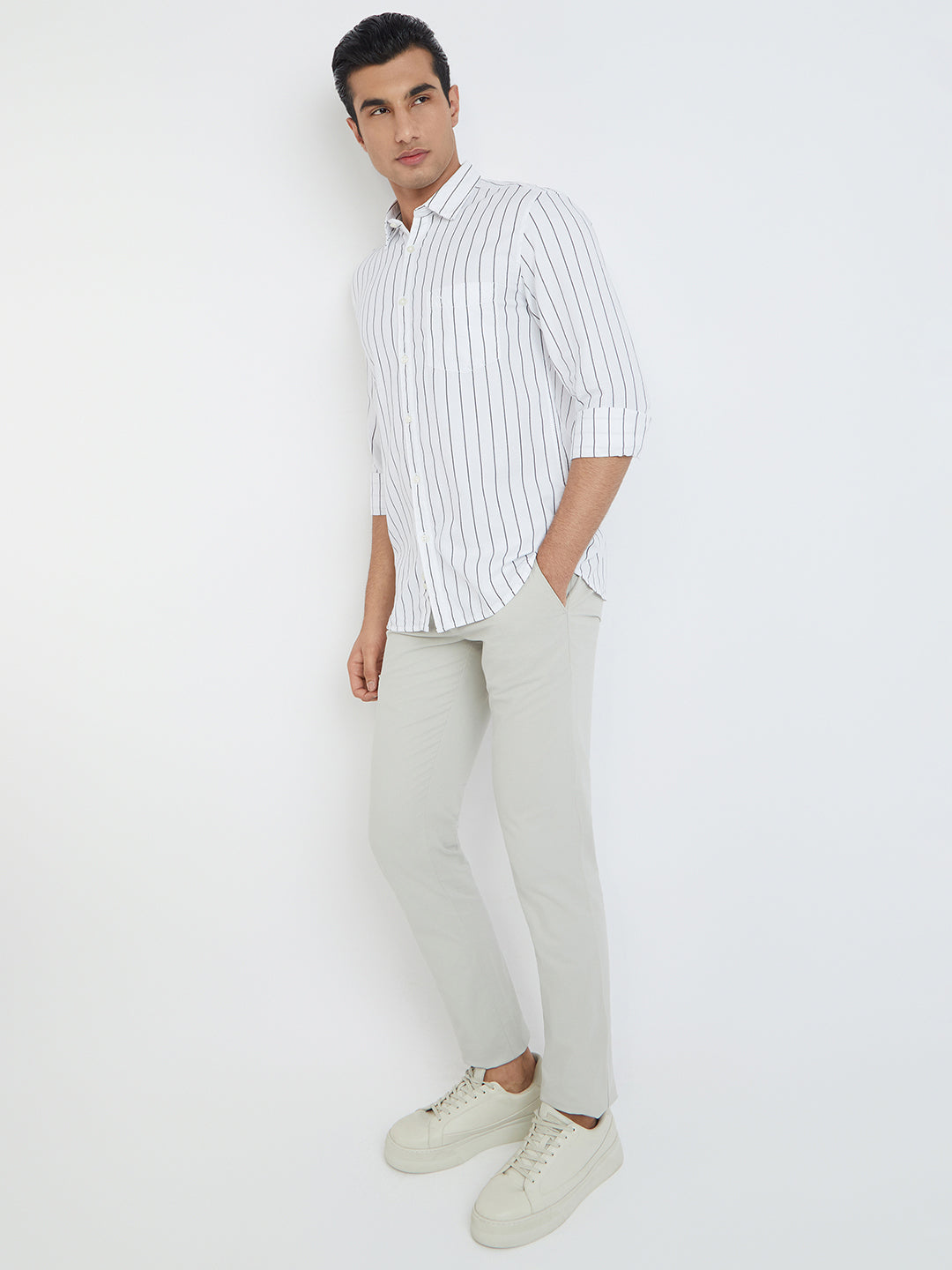 Men White Slim Fit Stripe Cotton Full Sleeve Shirts