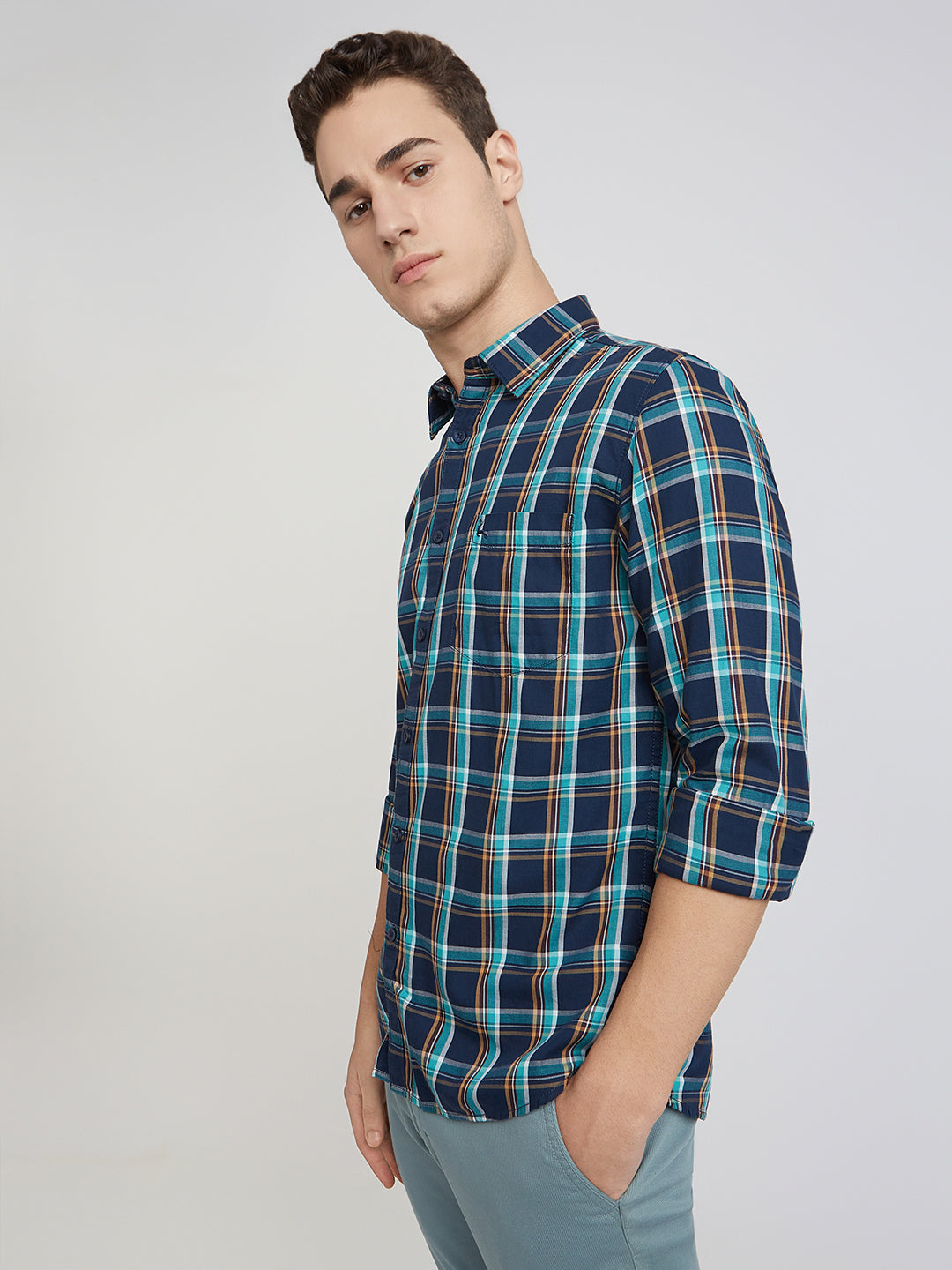 Men Blue Slim Fit Checks Cotton Full Sleeve Shirts