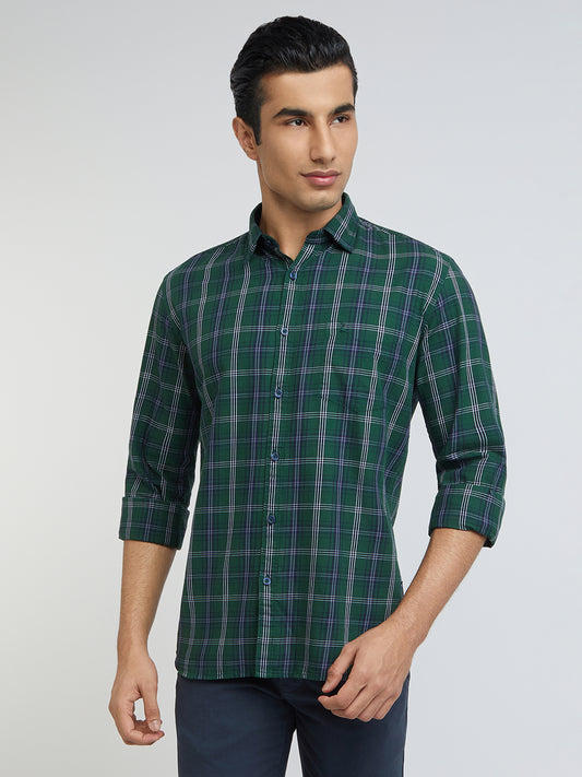 Men Green Slim Fit Checks Cotton Full Sleeve Shirts