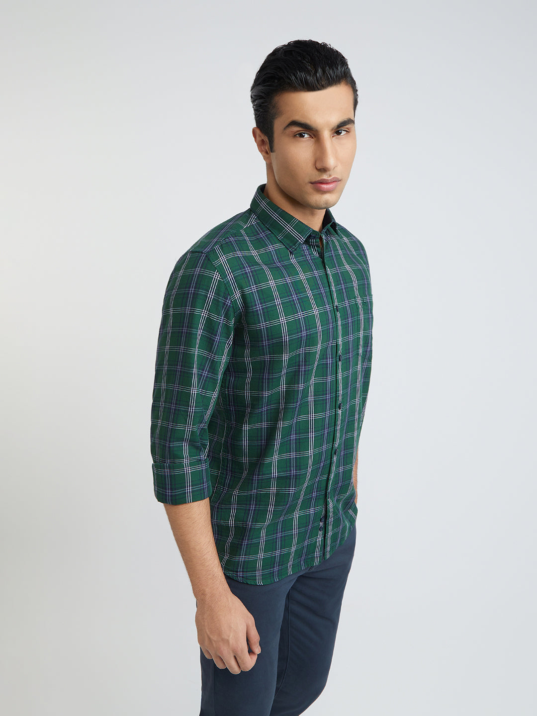 Men Green Slim Fit Checks Cotton Full Sleeve Shirts