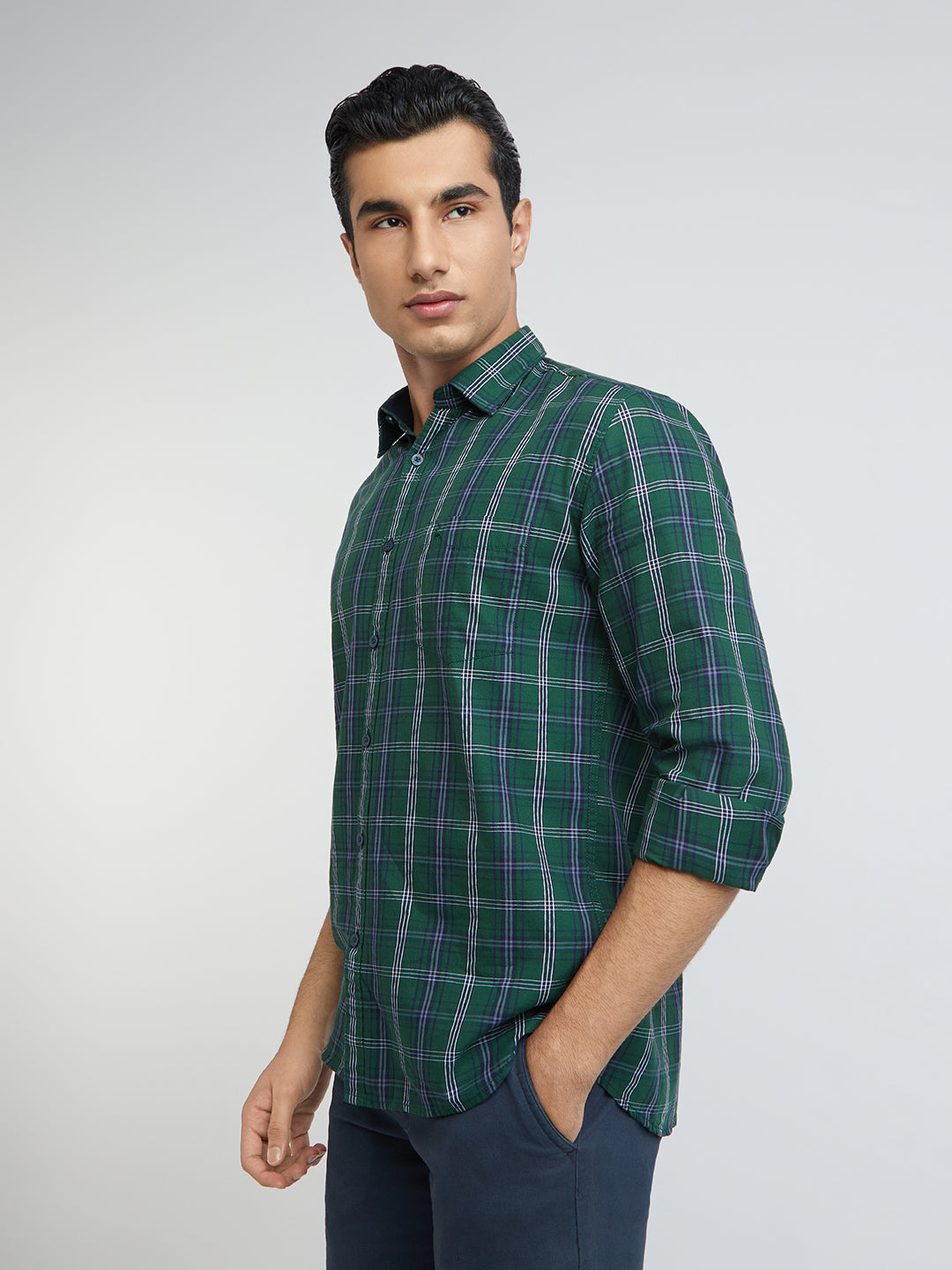 Men Green Slim Fit Checks Cotton Full Sleeve Shirts