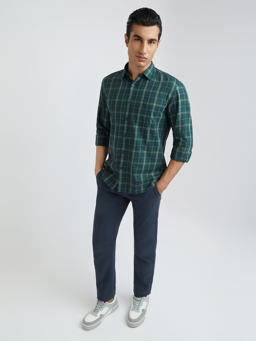 Men Green Slim Fit Checks Cotton Full Sleeve Shirts