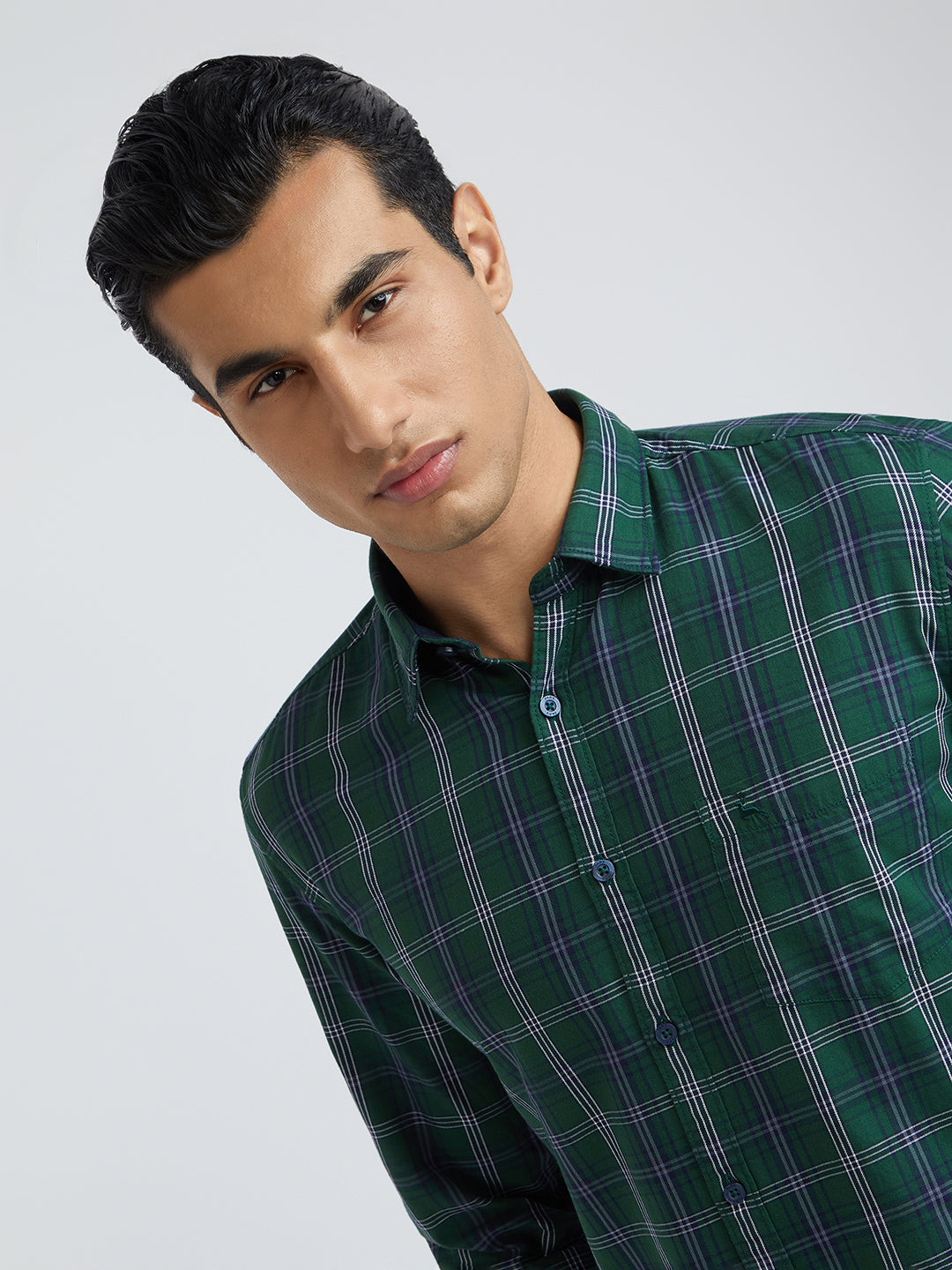 Men Green Slim Fit Checks Cotton Full Sleeve Shirts