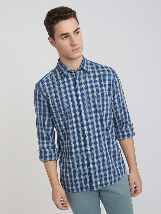 Men Blue Slim Fit Checks Cotton Full Sleeve Shirts