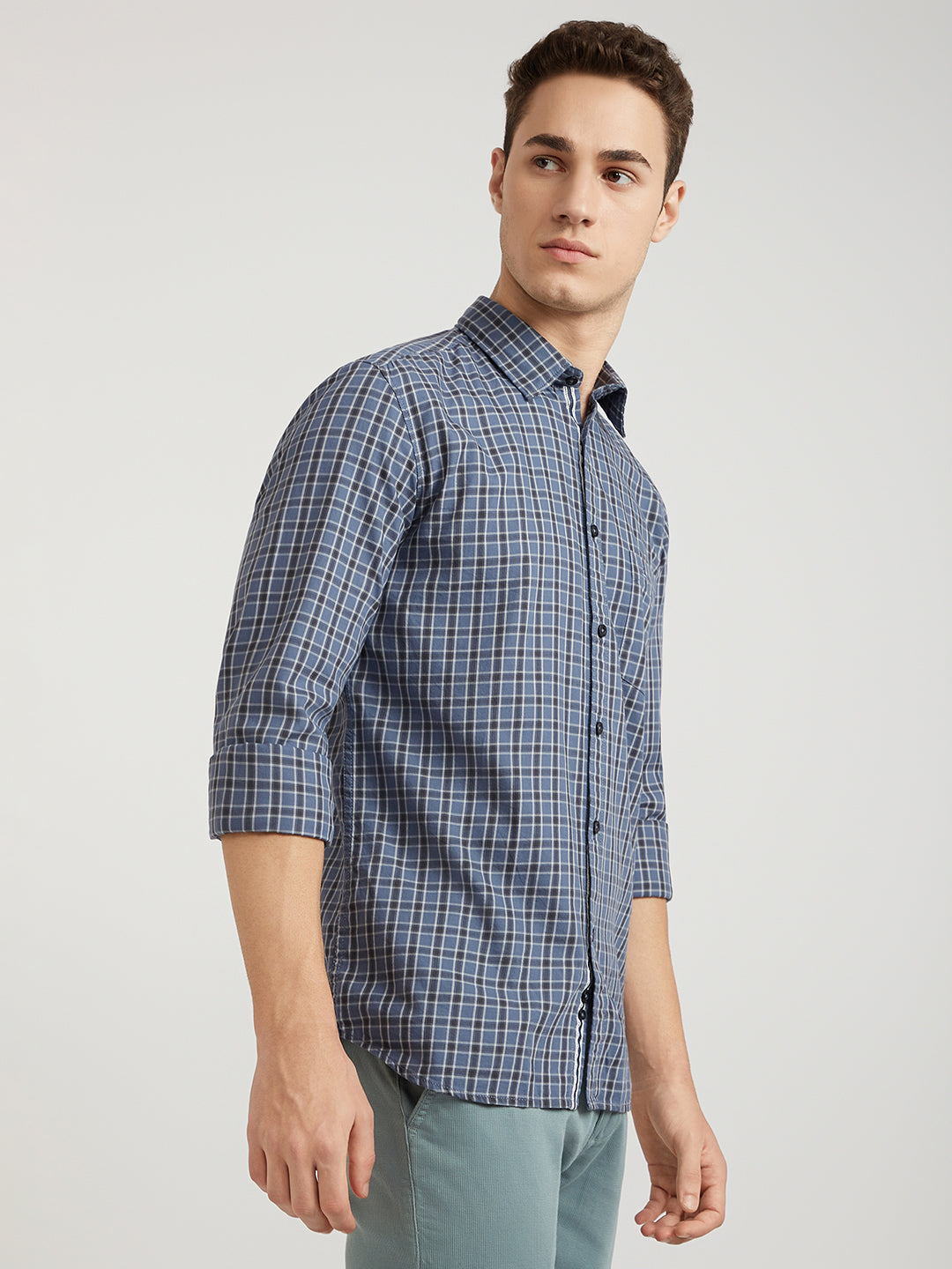 Men Blue Slim Fit Checks Cotton Full Sleeve Shirts