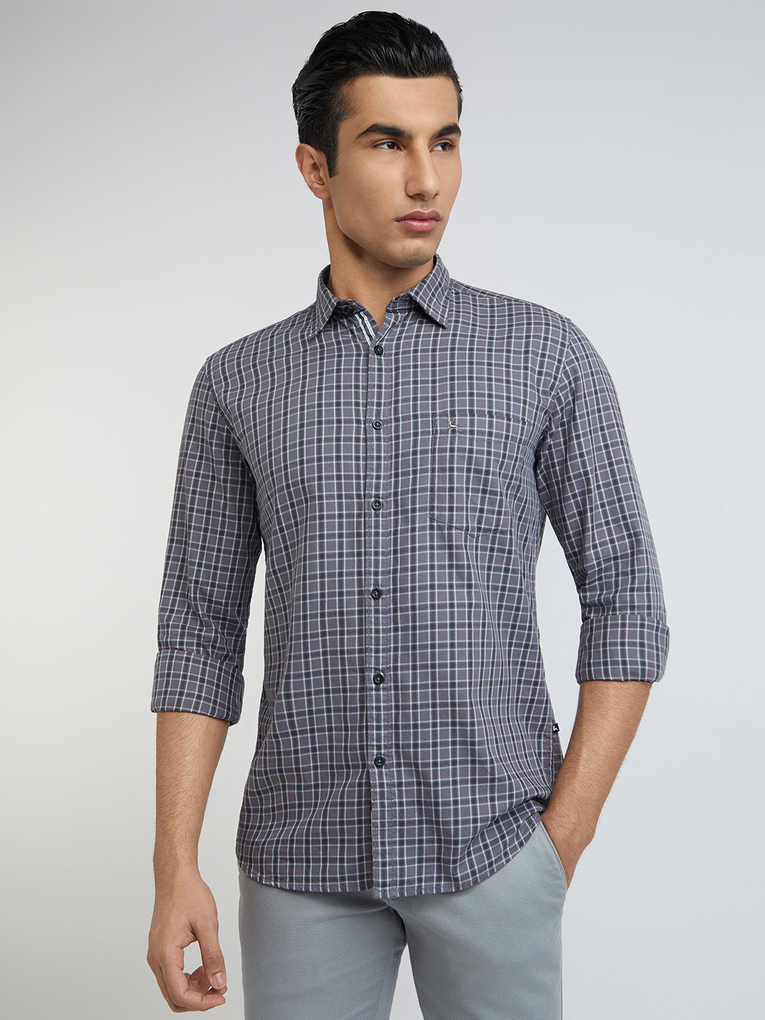 Men Grey Slim Fit Checks Cotton Full Sleeve Shirts