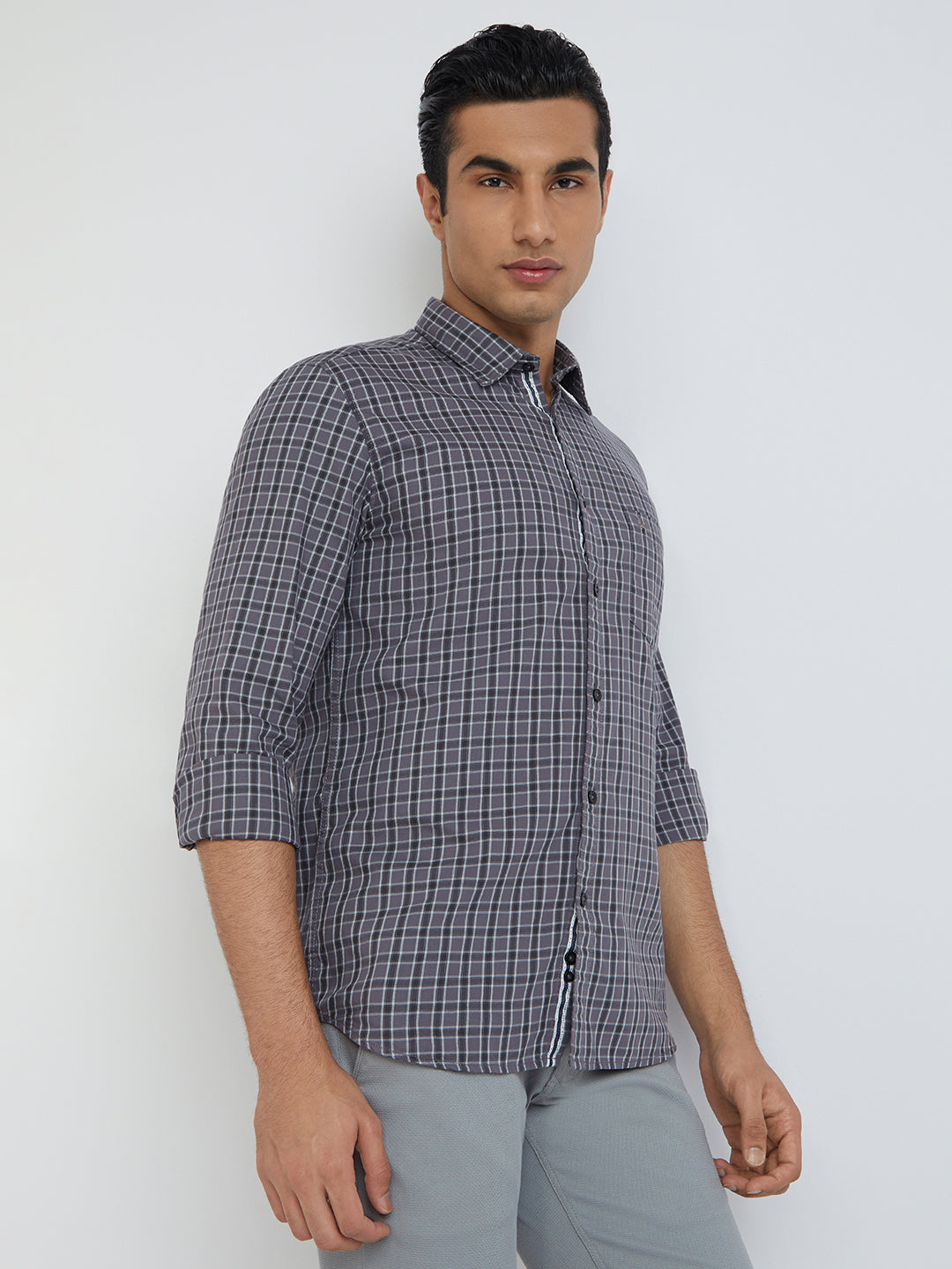 Men Grey Slim Fit Checks Cotton Full Sleeve Shirts