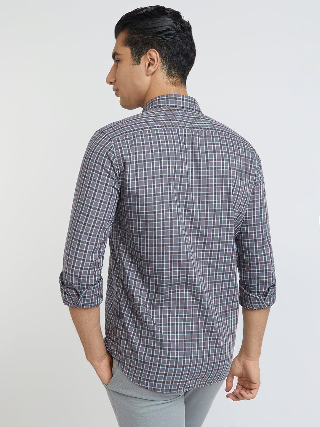 Men Grey Slim Fit Checks Cotton Full Sleeve Shirts