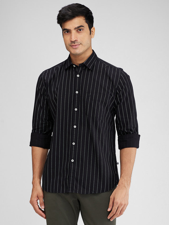 Parx Black Printed Slim Fit Cotton Casual Shirt