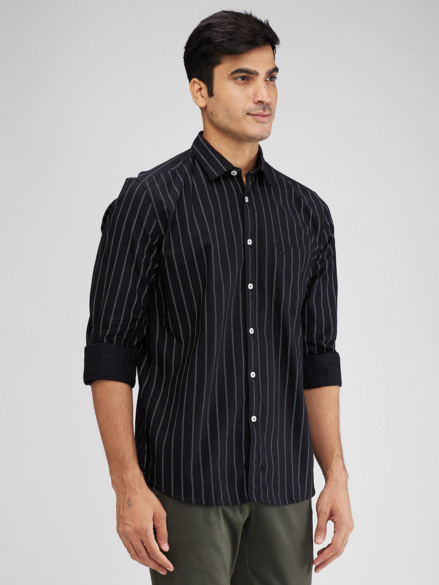 Parx Black Printed Slim Fit Cotton Casual Shirt