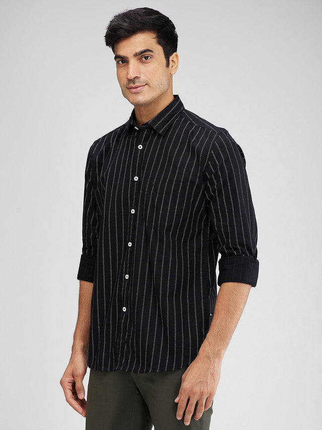 Parx Black Printed Slim Fit Cotton Casual Shirt